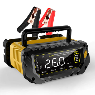 LinkMejor P26 6V 12V 24V 26A Car Battery Charger for Auto Moto Lithium LiFePO4 Lead-acid SLA Gel AGM Smart Battery Charge Repair Maintainer