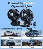 Fusika 12V 24V Dual Head Car Fan Dual USB Ports Brushless Motor 3 Speed Adjustment Auto Oscillation Universal Vehicle Cooling Fan