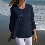 LinkMejor Women's Shirt Solid Lace Blouse Eyelet Lace Patchwork 3/4 Length Sleeve Top Summer Daily Casual Shirts