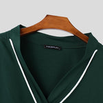 LinkMejor Mens Twist Patchwork V-Neck Long Sleeve T-Shirt Fashion Solid Color Drawstring Design Tshirt