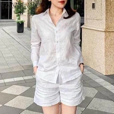LinkMejor Women's 2pcs Suits Vintage Casual Long Sleeve Lapel Shirt Elastic Waist A-Line Shorts Cotton Linen Sets
