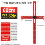 Adjustable T Shape Angle Ruler Aluminum Alloy Multi Angle Measuring Tool 90° 45° Precision Marking Ruler Woodworking Line Drawing Tool 60cm 90cm Metric Scale