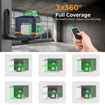 LinkMejor CM-701T 3x360° Laser Level 100ft Green Beam Self-Leveling Remote Control Rechargeable Battery with 1.5m Tripod IP54 Rating