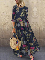 LinkMejor Plus Size Women Beach Long Dress Retro Floral Printed Round Neck Three Quarter Sleeve Pleated Beach Maxi Dresses