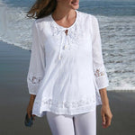 LinkMejor Women's Shirt Solid Lace Blouse Eyelet Lace Patchwork 3/4 Length Sleeve Top Summer Daily Casual Shirts