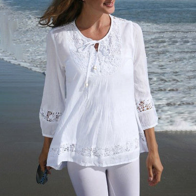 LinkMejor Women's Shirt Solid Lace Blouse Eyelet Lace Patchwork 3/4 Length Sleeve Top Summer Daily Casual Shirts