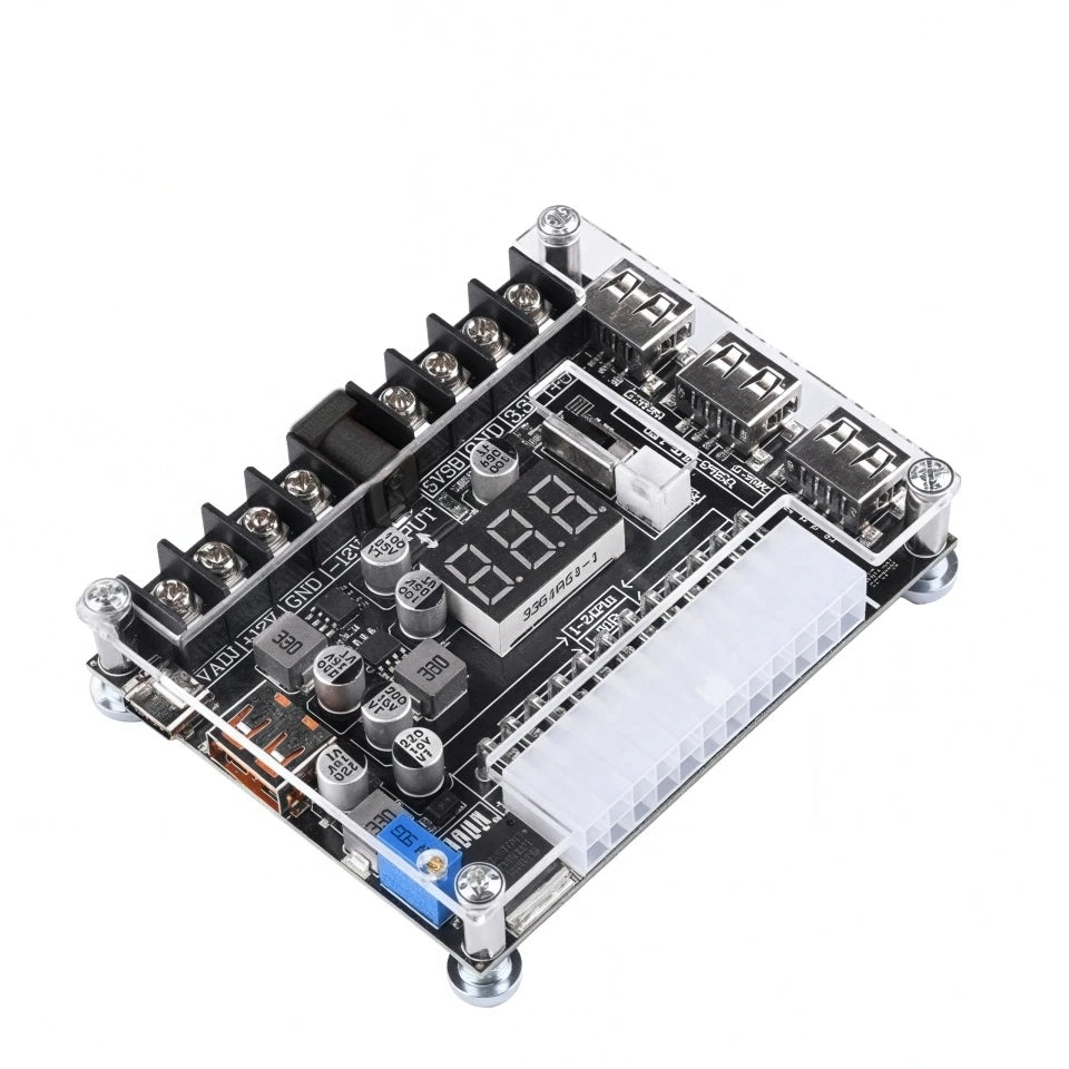 20/24Pin ATX Power Transfer Board Digital Voltage Display Multi-Output 5V-12V USB PD Fast Charging Adjustable Voltage Module with DC Socket for Electronics Testing Multi-Device Charging