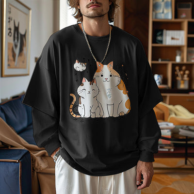 LinkMejor Mens Cat Print Long Sleeve T-Shirt Casual Comfortable Crew Neck Top for Male Spring Fall S-5XL