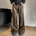 LinkMejor Mens Solid Color Leather Wide-Leg Pant Casual Elastic Waist Straight Legged Pants