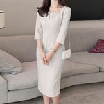 LinkMejor Womens Party Daily 7/8 Sleeve Small V-neck Design Slim Segmented Dress Solid Color Elegant Midi Dress