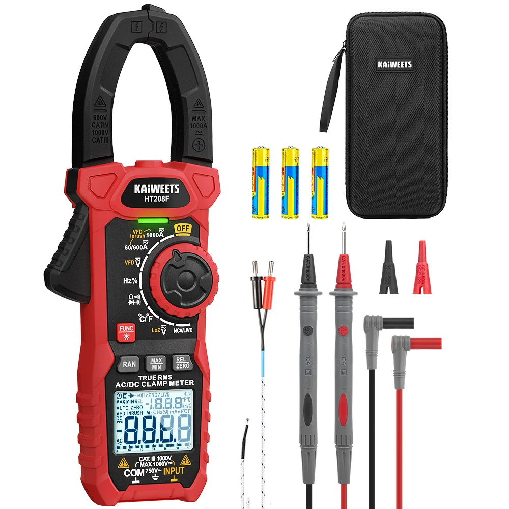 LinkMejor HT208F Inrush Digital Clamp Meter True-RMS 1000A AC/DC Current 1000V AC/DC Voltage Frequency Resistance Capacitance Continuity Temperature NCV VFD LoZ