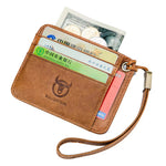 LinkMejor Men's Genuine Leather Credit Card Holder Mini RFID Protection Card Bag Thin Coin Purse with Rope