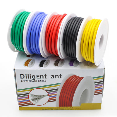 30AWG 20m/roll Super Soft Silicone Wire Heat Resistant Flexible Tinned Copper Stranded Cable DIY 5 Colors Mix Box Electirc Wire Red Black Yellow Blue Green