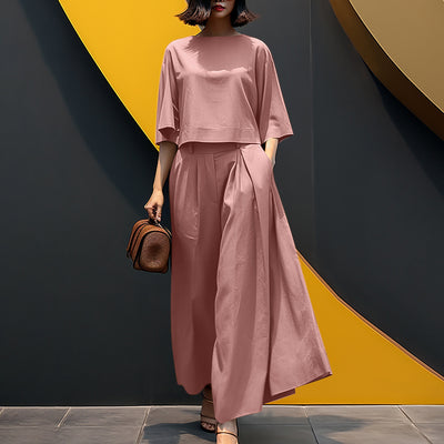 LinkMejor Women Two-piece Outfits 3/4 Sleeve O-Neck Top Elastic Waist Pleated Wide Leg Pants Sets