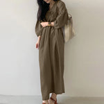 LinkMejor Women Maxi Dresses Solid Color Seven-quarter Length Lantern Sleeves Long Dresses Plus Size Women Dresses