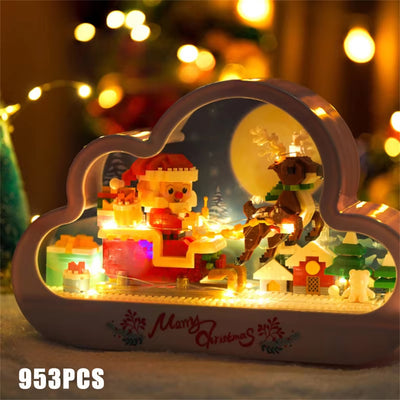 3009 Santa Sleigh DIY Cloud Frame Mini MOC Building Blocks Kit Christmas Decoration LED Night Light Creative Merry Christmas Gift