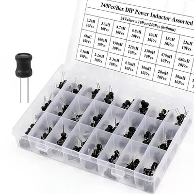 240Pcs 24 Types /Box DIP Power Inductor Assorted Kit 24Values x 10Pcs Inductance 6x8mm 2.2uH-100mH Pin 3mm