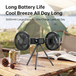 Tevorex Portable Dual-Head Tripod Fan 3 Speeds Wind 360° Stand Adjustable 3600mAh Long Battery Quiet Operation Rechargeable Cooling Fan with LED Display for Home Outdoor Camping