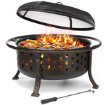 LinkMejor 36 Inch Fire Pit Large Outdoor Wood Burning Crossweave firepit Heavy Duty Steel Bronze Pit for Patio Backyard Garden with BBQ Grate/ Spark Screen / Log Grate / Poker