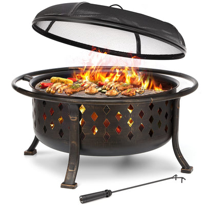 LinkMejor 36 Inch Fire Pit Large Outdoor Wood Burning Crossweave firepit Heavy Duty Steel Bronze Pit for Patio Backyard Garden with BBQ Grate/ Spark Screen / Log Grate / Poker