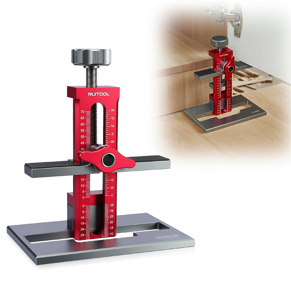 LinkMejor Upgrade Cabinet Door Mounting Jig with Detachable Seat Aluminium Alloy Metrick Imperial Scale Installation Positioner Cabinet Hardware Jig