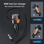 LinkMejor IBD358 1U2C 60W PD30w QC30W 3-in-1 USB Car Charger Retractable Cable Multi-Port  Fast Charging USB Type C Charger for Mobile Phone