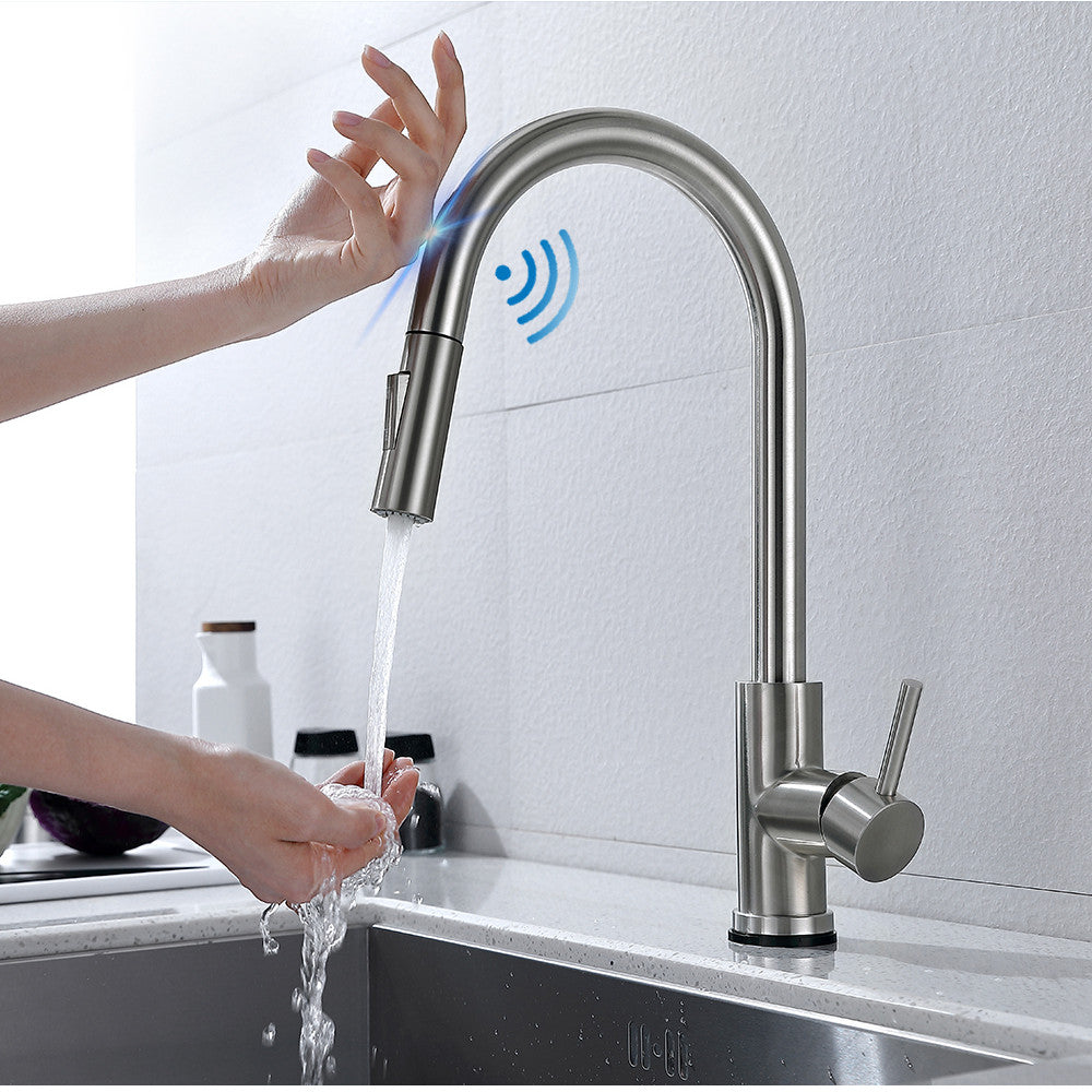 LinkMejor Smart Touch Kitchen Sink Faucet 360 ° Rotation with Pull Down Sprayer Motion Sensor Cold Hot Mixed Tap SUS 304 Stainless Steel Brushed Nickel