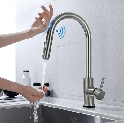 LinkMejor Smart Touch Kitchen Sink Faucet 360 ° Rotation with Pull Down Sprayer Motion Sensor Cold Hot Mixed Tap SUS 304 Stainless Steel Brushed Nickel