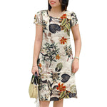 LinkMejor Womens Retro Crew Neck Raglan Sleeve Dress Floral Print Knee Length Cotton Linen Elegant Sundress