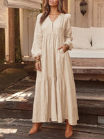 LinkMejor Plus Size Women Long Dress Solid Color V-neck Long Sleeve Causal Maxi Dress