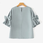 LinkMejor Elegant Style Womens Shirts Blouses Ladylike Crew Neck Ruffled Sleeves Tops Side Bowknot Solid Blouses