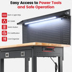 LinkMejor 60-Inch Adjustable Workbench With Pegboard Rubberwood Top LED Light Power Strip Drawer 2000 Lb Capacity Casters And Leveling Feet Garage Workshop Table