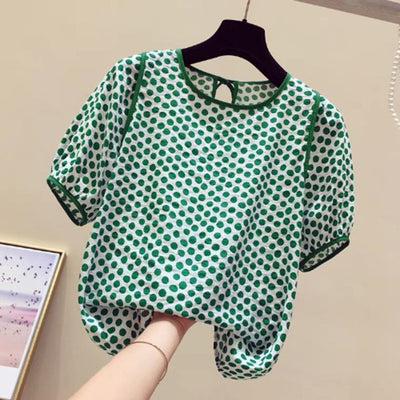 LinkMejor Females Polka Dot Top with Back Tie Lantern Sleeve and Open-Front Design, Womens Crew Neck Blouses Short Sleeve Shirts Plus Size S-5XL
