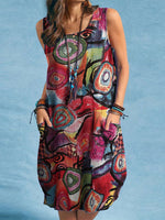 LinkMejor Women Plus Size Abstract Painted Button Pocket Sleeveless Casual Beach Midi Dress