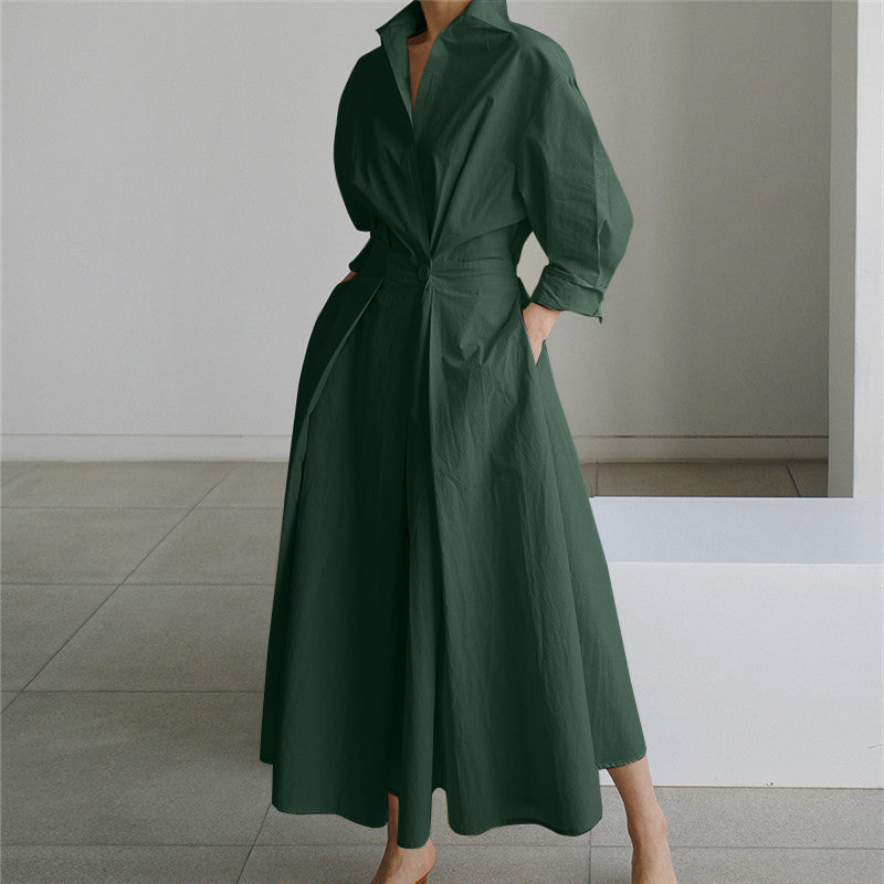LinkMejor Women Fashion Autumn Sundress Elegant Women Lapel Neck Long Sleeve Solid OL Vestidos Robe Femme Long Shirt Dress Oversized
