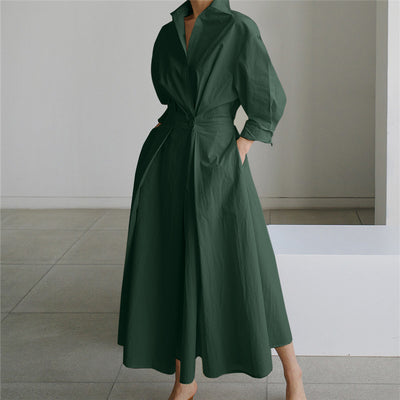LinkMejor Women Fashion Autumn Sundress Elegant Women Lapel Neck Long Sleeve Solid OL Vestidos Robe Femme Long Shirt Dress Oversized