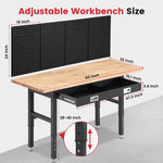 LinkMejor 60" Adjustable Height Workbench With Drawers Rubberwood Top Pegboard Power Outlets 28" To 40" 2000 Lbs Heavy Duty Work Table