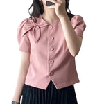 LinkMejor Womens Elegant Bowknot Decorate Puff Sleeve Blouses Temperament Button Shirts