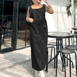 LinkMejor Solid Womens Square Neck Strappy Bib Dress Casual Loose Long Dresses