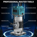 Electric Trimmer Wood Router 800W 30000RPM with 15 Tungsten Carbide Router Bits High Precision Transparent Base for Woodworking Grooving Trimming Carving