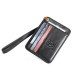 LinkMejor Men's Genuine Leather Credit Card Holder Mini RFID Protection Card Bag Thin Coin Purse with Rope