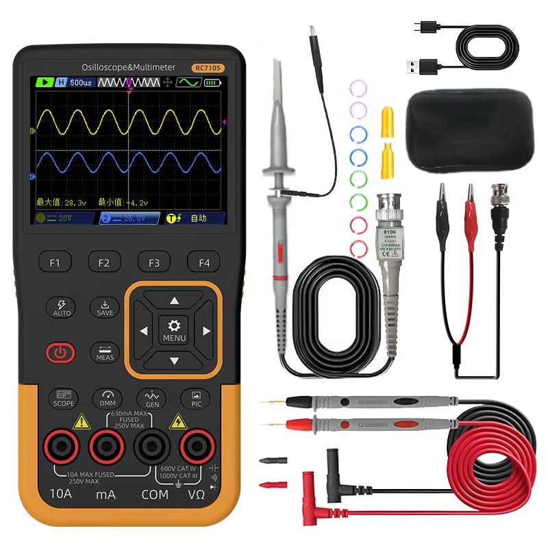 RC7105 3-in-1 Oscilloscope Multimeter Signal Generator Portable Device High Precision 5V Rechargeable 3000mAh Battery LCD Screen Waveform Storage Compact Tool
