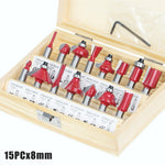 15PCS Woodworking Milling Cutter Set Tungsten Steel YG8 Alloy Blades Heat-Resistant Coating Multiple Shank Sizes for Precise Slotting and Trimming
