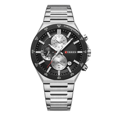 LinkMejor Fashion Multifunctional Chronograph Date Stainless Steel Men Wristwatch Waterproof Luminous Business Casual Quartz Watch