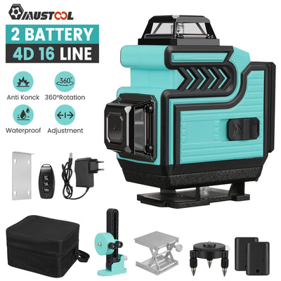 LinkMejor 16 Lines 4D Laser Level Dual Batteries 360°Horizontal Vertical Cross Green Light Self-Leveling Measure