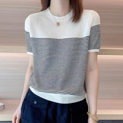 LinkMejor Women Summer T Shirt Vintage Striped Short Sleeve Tee Korean Fashion Round Neck Patchwork Tunics Casual Knitted Tops