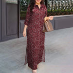 LinkMejor Women Vintage 3/4 Sleeve Lapel Split Dresses Floral Print Long Casual Shirtdress