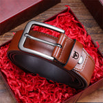 LinkMejor 130cm Genuine Leather Mens Pinch-buckle Belt with Box Birthday Gift for Husband Father Son