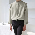 LinkMejor Men Breathable Stand-up Collar Silky Solid Color Shirts