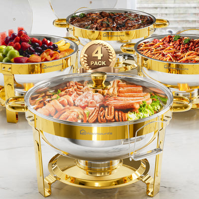 Warmounts Gold Chafing Dishes for Buffet with Glass Lid (5QT, 2/4 Pack), Round Chafer & Warmer Set with Lid Holder, Polished Stainless Steel, Rolled Rim Process, for Catering Events, Parties, Weddings
